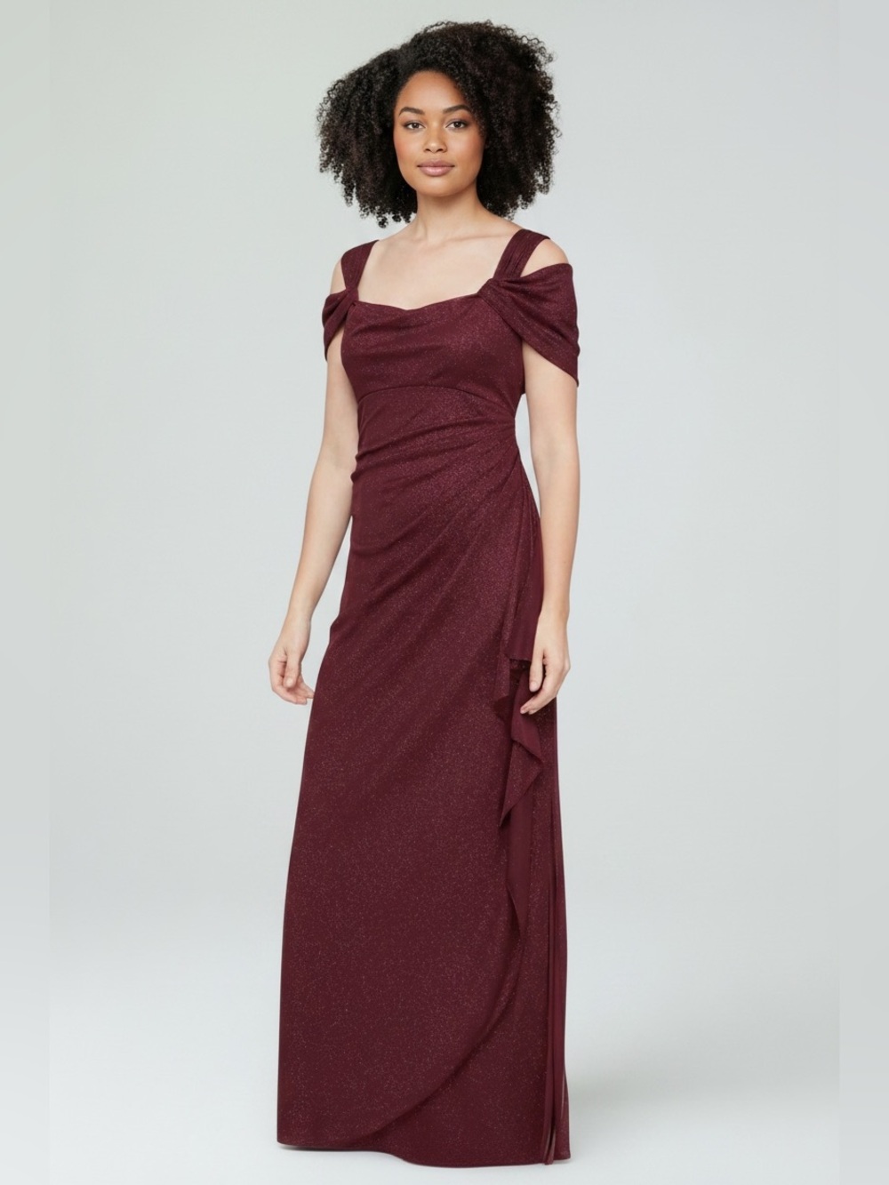Alex Evenings Burgundy Sparkle Off-Shoulder Maxi Gown